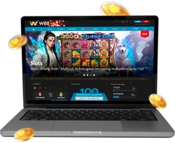 Demonstration of various free online casino games on the W88 website